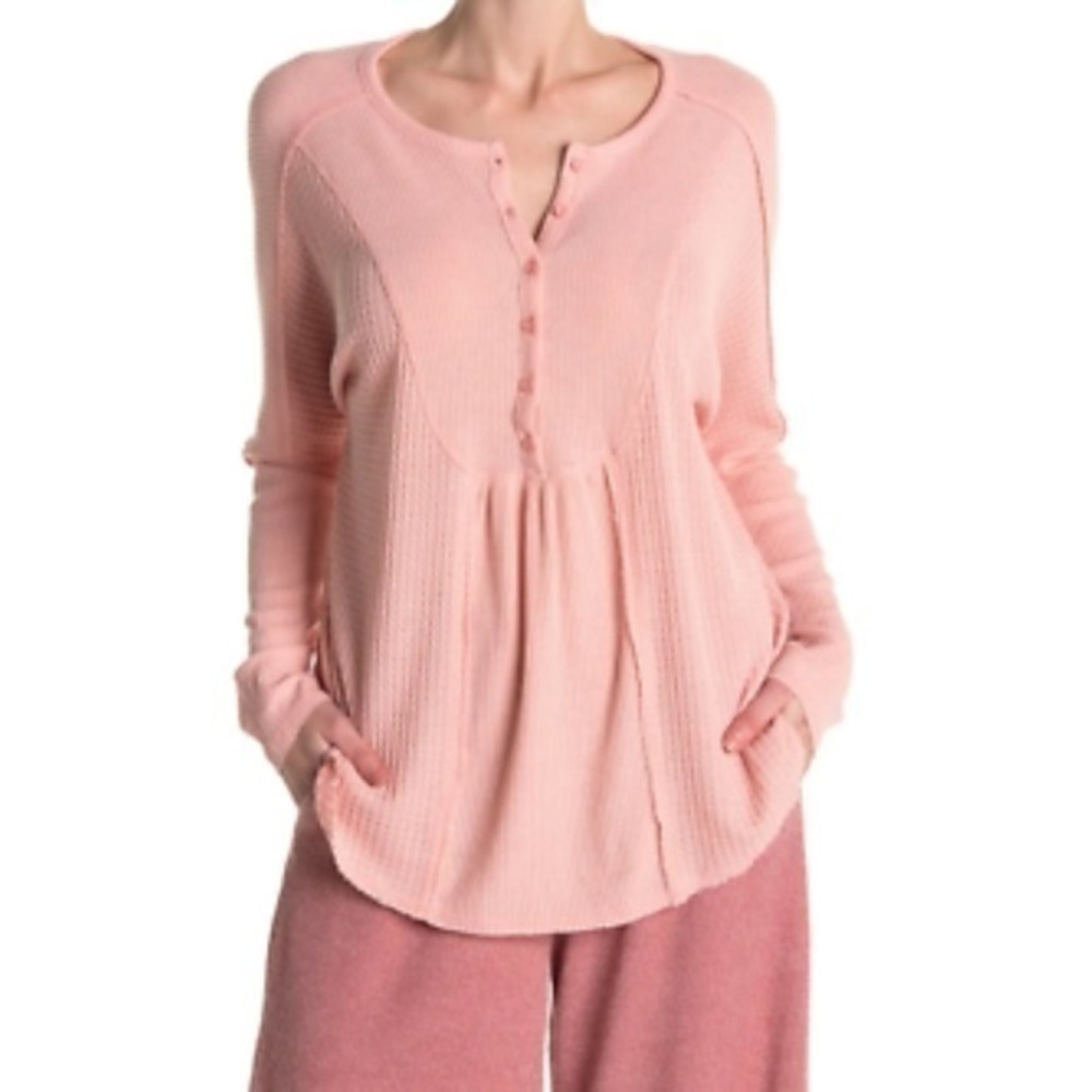 GIBSONLOOK Women's Henley Waffle Knit Mixed Rib Shirt Top Blush NWT medium